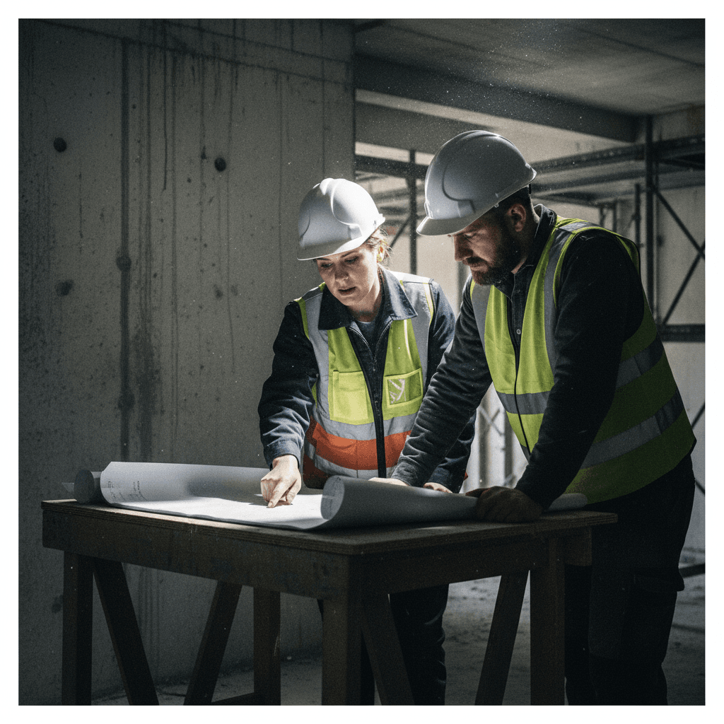 Bauleiter bespricht Baupläne mit einem Arbeiter